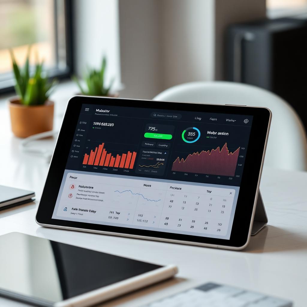 Laptop mit Immobilienbewertungs-Tool neben Grundriss und Taschenrechner